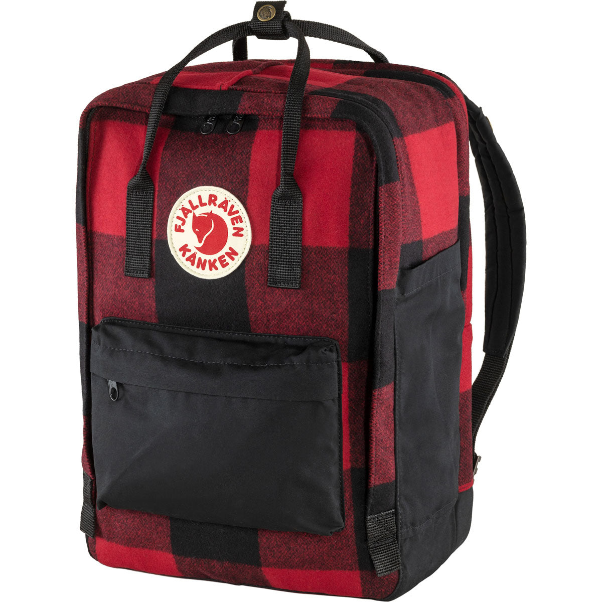 Kånken Re-Wool Laptop 15" computer backpack - Fjallraven recycled wool special edition Red/Black red and black patchwork