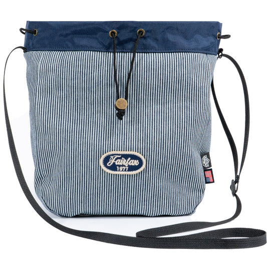 Fairfax 2 Way Reversible Pouch Crossbody Bag Drawstring Bag Hickory Striped Blue and White Color